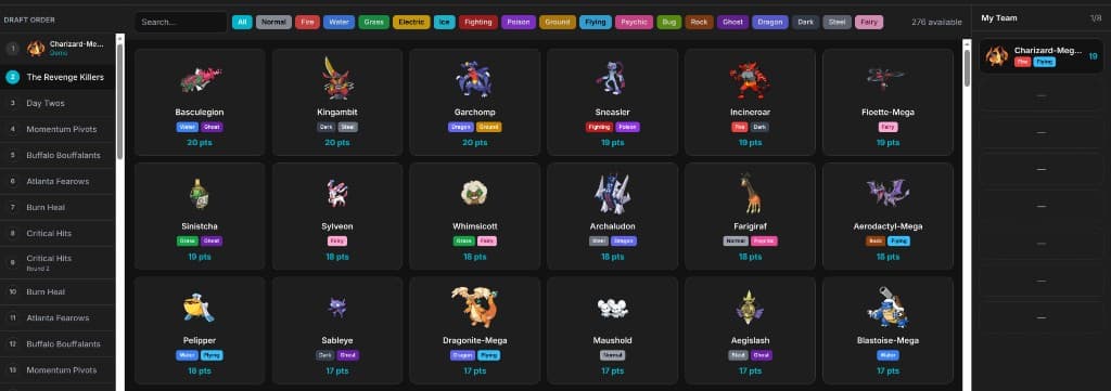 Draft room with Pokémon pool, team sidebar, and pick order